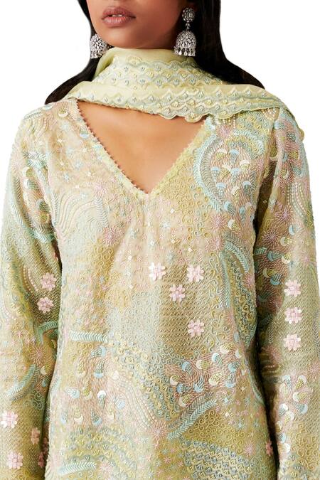 Shop_Amaare_Yellow Organza Embroidery V Neck Embellished Kurta Set _Online_at_Aza_Fashions