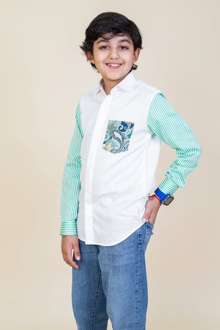 Shop Little Boys Closet White Cotton Patchwork Printed Shirt at Aza Fashions Shop_Little Boys Closet_White Cotton Patchwork Printed Shirt _at_Aza_Fashions