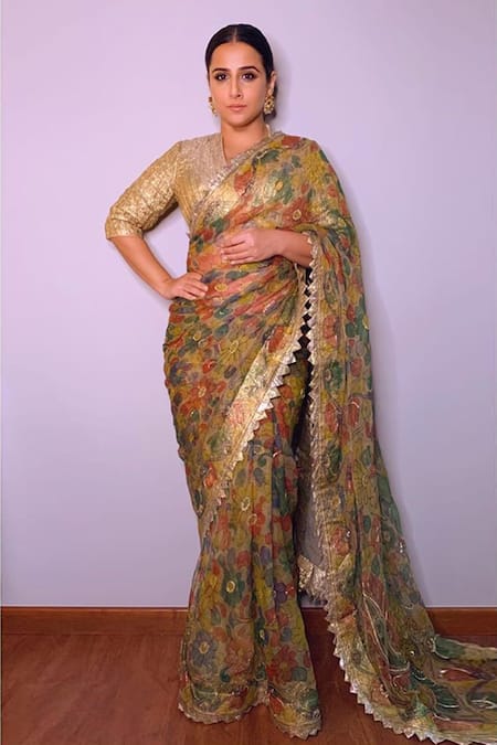 Itrh Gold Organza Kalamkari Saree With Blouse