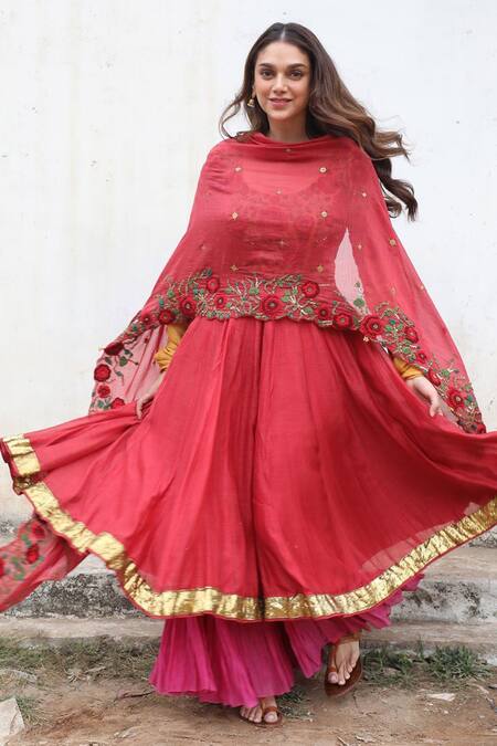 Sonam Luthria_Yellow Chanderi Round Handwork Anarkali Set  _Online_at_Aza_Fashions