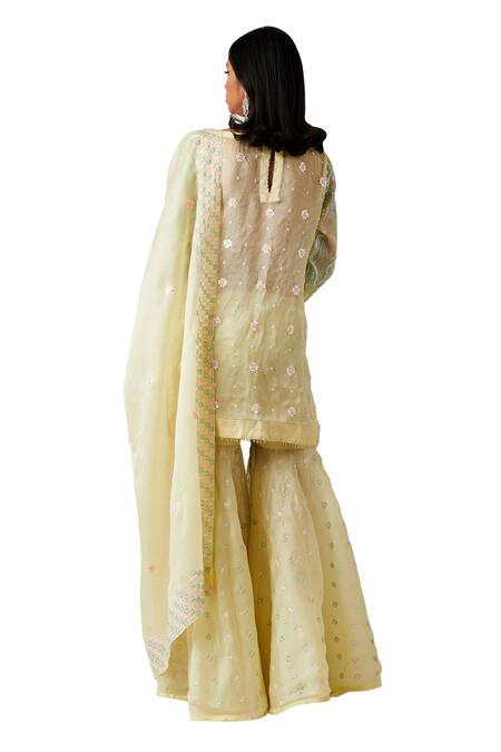 Shop Amaare Yellow Organza Embroidery Boat Embellished Kurta Set at Aza Fashions Shop_Amaare_Yellow Organza Embroidery Boat Embellished Kurta Set _at_Aza_Fashions
