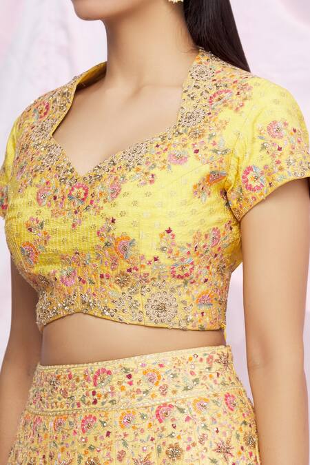 Petticoat Lane By Divya Yellow Organza, Brocade, Dupion Floral Motifs V Embroidered Bridal Lehenga Set at Aza Fashions Petticoat Lane By Divya_Yellow Organza, Brocade, Dupion Floral Motifs V Embroidered Bridal Lehenga Set _at_Aza_Fashions