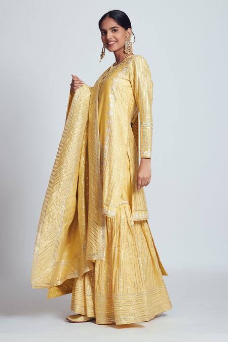 Sheetal Batra_Yellow Banarasi, Chanderi Silk Round Kurta Sharara Set_Online_at_Aza_Fashions