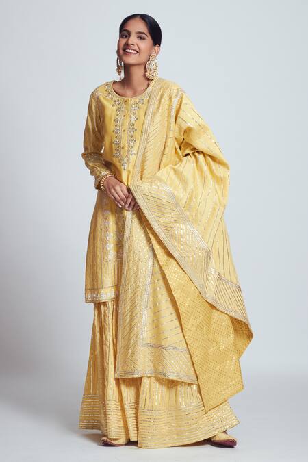 Buy_Sheetal Batra_Yellow Banarasi, Chanderi Silk Round Kurta Sharara Set_Online_at_Aza_Fashions
