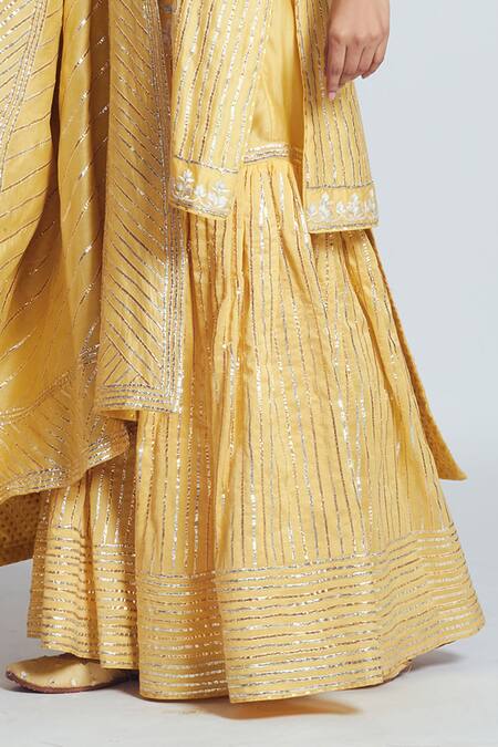 Shop_Sheetal Batra_Yellow Banarasi, Chanderi Silk Round Kurta Sharara Set_Online_at_Aza_Fashions