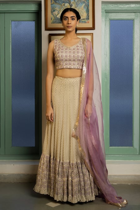 Surbhi Gupta White Georgette V Neck Printed Lehenga Set  
