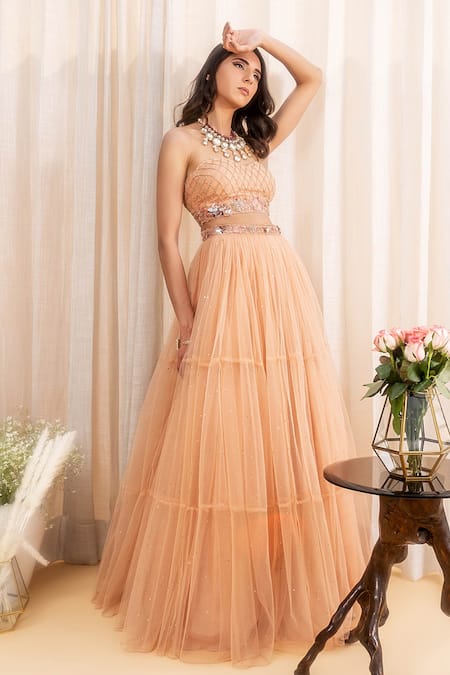 Silky Bindra Beige Shantoon, Tulle Net Sweetheart Neck Embroidered Lehenga Set Online at Aza Fashions Silky Bindra_Beige Shantoon, Tulle Net Sweetheart Neck Embroidered Lehenga Set _Online_at_Aza_Fashions