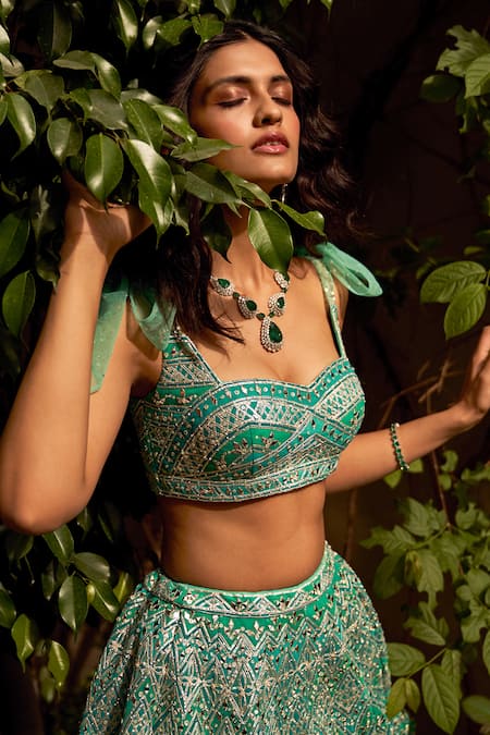 Shop_Seema Gujral_Green Net Sweetheart Neck Sequin Embellished Lehenga Set_Online_at_Aza_Fashions