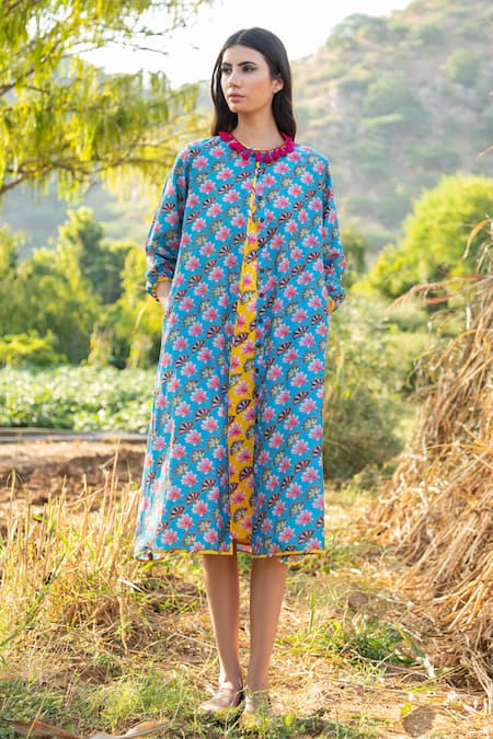 Buy_Rang Swati Vijaivargie_Yellow Cotton Satin, Silk Chanderi Round Dress With Jacket _Online_at_Aza_Fashions