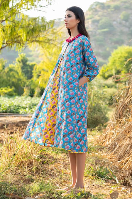 Shop_Rang Swati Vijaivargie_Yellow Cotton Satin, Silk Chanderi Round Dress With Jacket _Online_at_Aza_Fashions