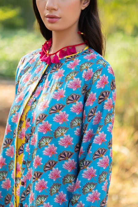 Rang Swati Vijaivargie_Yellow Cotton Satin, Silk Chanderi Round Dress With Jacket _at_Aza_Fashions