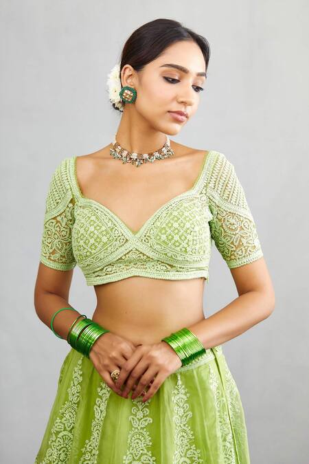 Shop_Torani_Green Organza Angoori Meher Passa Lehenga Set_Online_at_Aza_Fashions