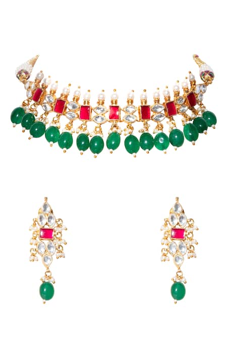 Shop Namasya Gold Plated Stones, Beads Drop Pendant Choker Set at Aza Fashions Shop_Namasya_Gold Plated Stones, Beads Drop Pendant Choker Set _at_Aza_Fashions