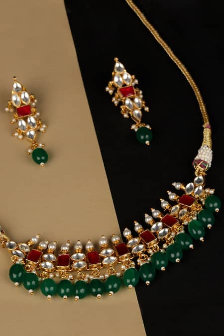 Buy Namasya Gold Plated Stones, Beads Drop Pendant Choker Set Online at Aza Fashions Buy_Namasya_Gold Plated Stones, Beads Drop Pendant Choker Set _Online_at_Aza_Fashions