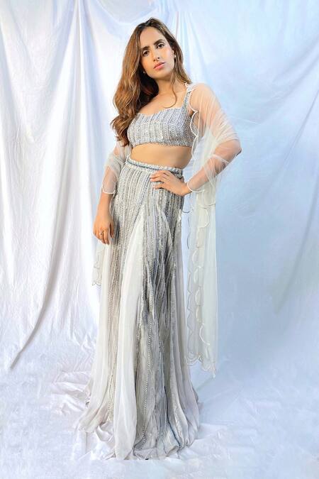 Maiti Shahani_Grey Tulle, Viscose Georgette Floral Applique, Sequins, Embroidered Lehenga Set _Online_at_Aza_Fashions