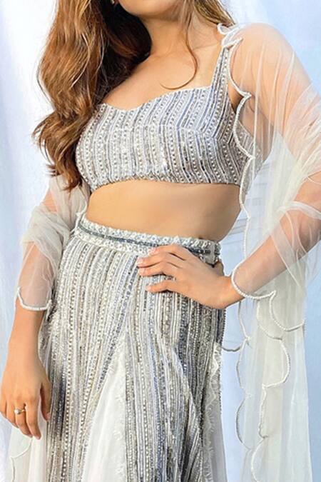 Maiti Shahani Grey Tulle, Viscose Georgette Floral Applique, Sequins, Embroidered Lehenga Set at Aza Fashions Maiti Shahani_Grey Tulle, Viscose Georgette Floral Applique, Sequins, Embroidered Lehenga Set _at_Aza_Fashions