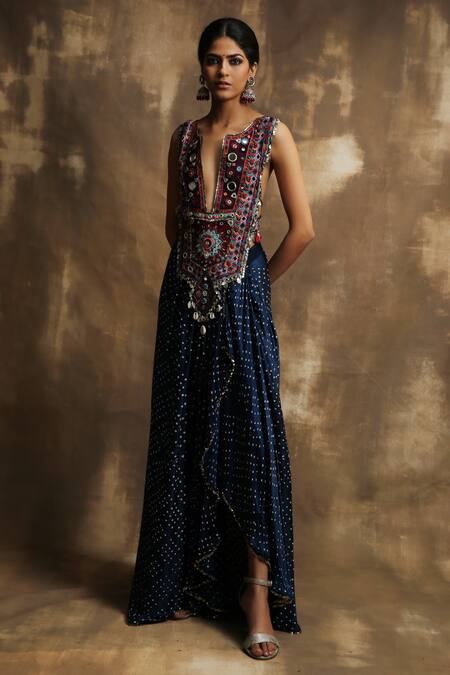 Karishma Khanduja Bareilly_Blue Crepe V Neck Embroidered Top And Gajji Dhoti Skirt Set _Online_at_Aza_Fashions