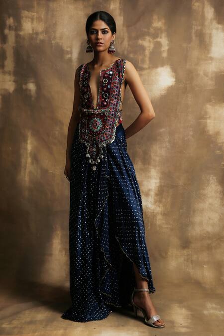 Buy_Karishma Khanduja Bareilly_Blue Crepe V Neck Embroidered Top And Gajji Dhoti Skirt Set _Online_at_Aza_Fashions