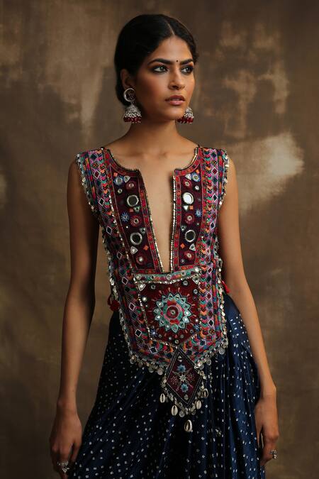 Shop_Karishma Khanduja Bareilly_Blue Crepe V Neck Embroidered Top And Gajji Dhoti Skirt Set _Online_at_Aza_Fashions