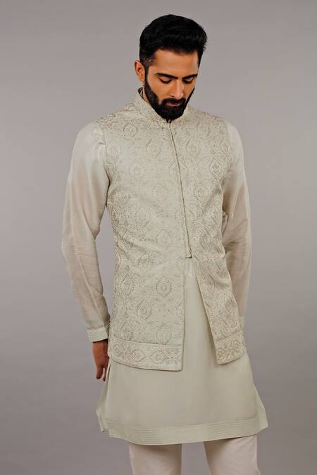 Shop_Vanshik_Green Embroidered Bundi And Kurta Set _at_Aza_Fashions