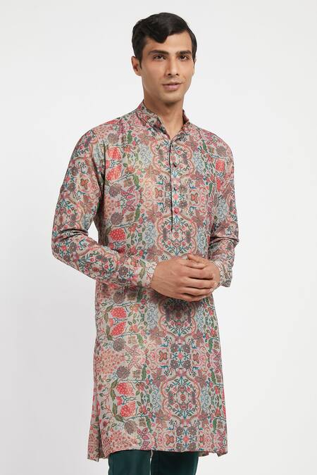 Shop_Rabani & Rakha_Multi Color Kurta Foil Georgette Pant Cotton Silk Printed Set _Online_at_Aza_Fashions