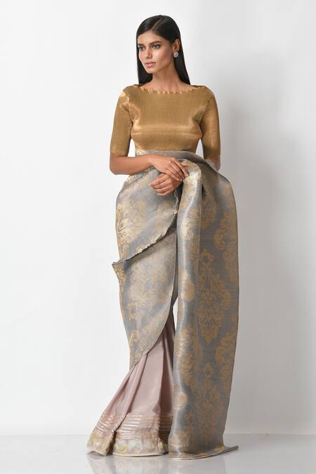 Buy_Kiran Uttam Ghosh_Silver Pleated Metallic Zari Printed Saree _Online_at_Aza_Fashions