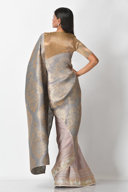 Shop_Kiran Uttam Ghosh_Silver Pleated Metallic Zari Printed Saree _at_Aza_Fashions