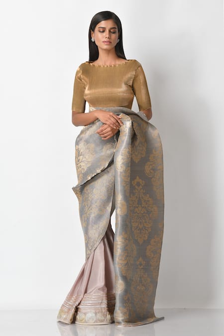 Kiran Uttam Ghosh_Silver Pleated Metallic Zari Printed Saree _Online_at_Aza_Fashions