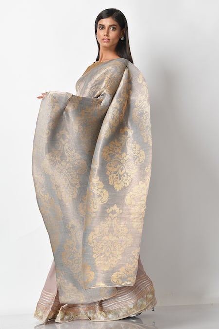 Kiran Uttam Ghosh Silver Pleated Metallic Zari Printed Saree  