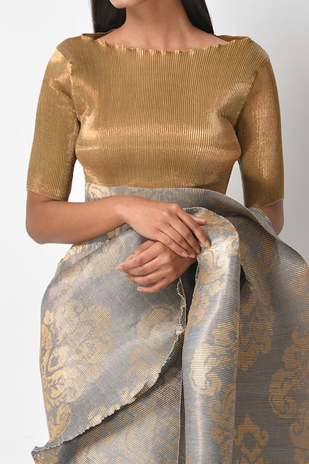 Shop_Kiran Uttam Ghosh_Silver Pleated Metallic Zari Printed Saree _Online_at_Aza_Fashions