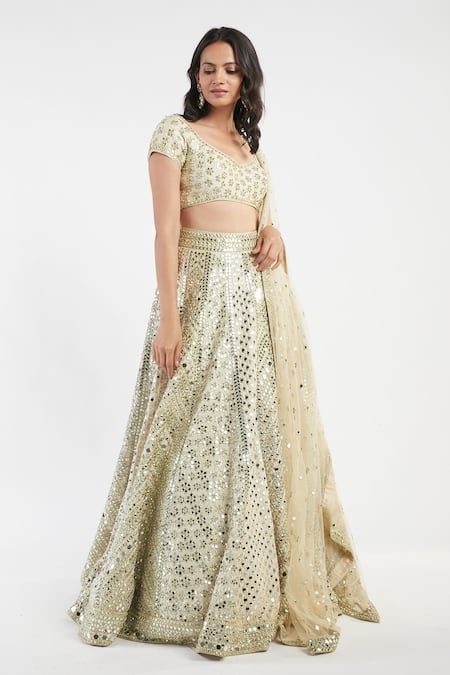 Abhinav Mishra_Beige Lehenga And Blouse Raw Silk Dupatta Net V Mirror Embellished Bridal Set_Online_at_Aza_Fashions