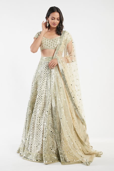 Buy_Abhinav Mishra_Beige Lehenga And Blouse Raw Silk Dupatta Net V Mirror Embellished Bridal Set_Online_at_Aza_Fashions
