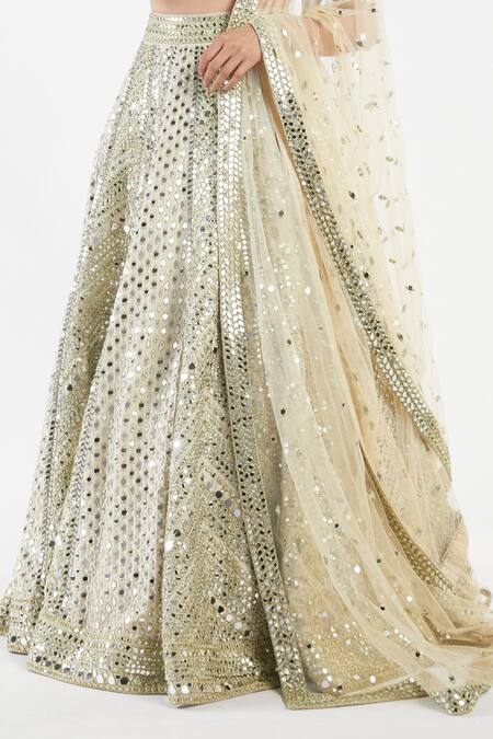 Shop_Abhinav Mishra_Beige Lehenga And Blouse Raw Silk Dupatta Net V Mirror Embellished Bridal Set_Online_at_Aza_Fashions