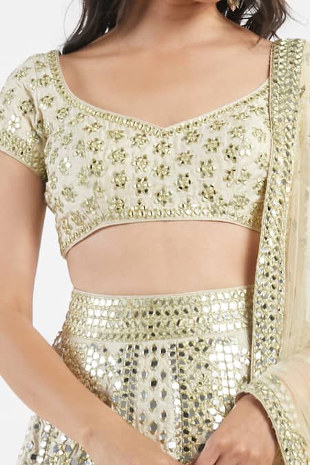 Abhinav Mishra_Beige Lehenga And Blouse Raw Silk Dupatta Net V Mirror Embellished Bridal Set_at_Aza_Fashions