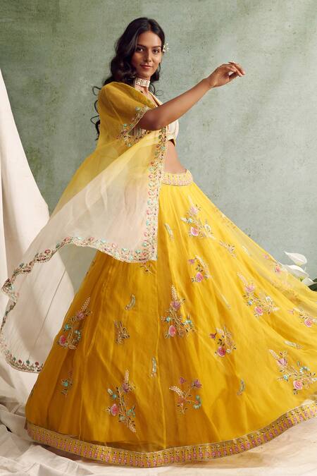 Buy_Priyanka Jain_Yellow Organza, Chanderi V Neck Cape And Lehenga Set _Online_at_Aza_Fashions