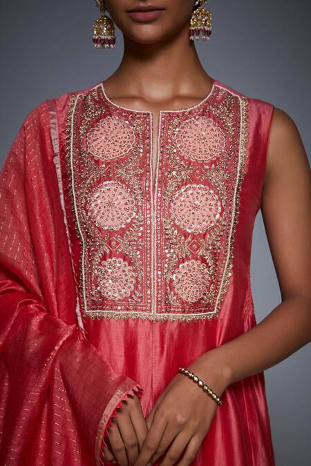 RI.Ritu Kumar_Coral Silk Chanderi Round Kurta Palazzo Set_at_Aza_Fashions