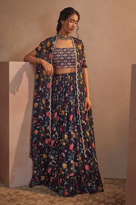 Aneesh Agarwaal Floral Print Cape Lehenga Set 