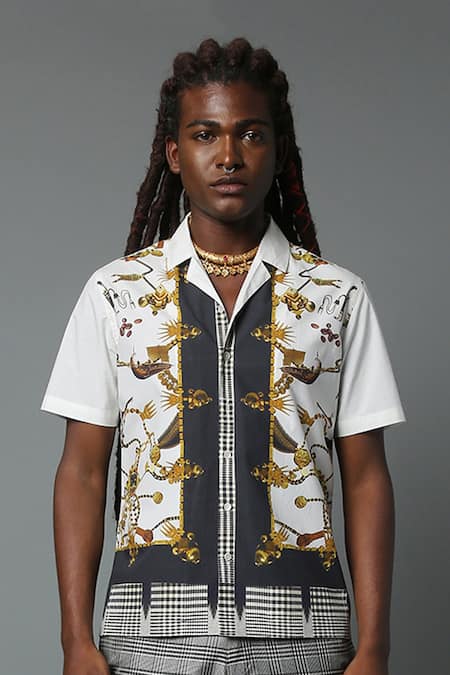 House Of Three_White Cotton Poplin Jewel Dravida Print Shirt _Online_at_Aza_Fashions