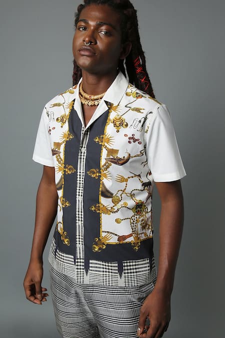 Buy_House Of Three_White Cotton Poplin Jewel Dravida Print Shirt _Online_at_Aza_Fashions