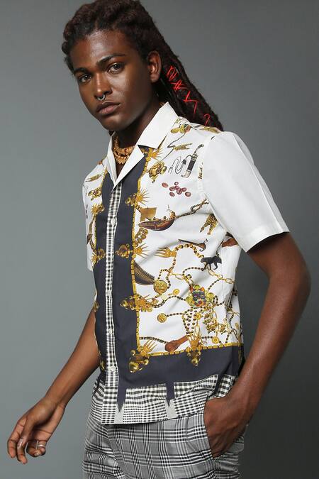 Shop_House Of Three_White Cotton Poplin Jewel Dravida Print Shirt _Online_at_Aza_Fashions