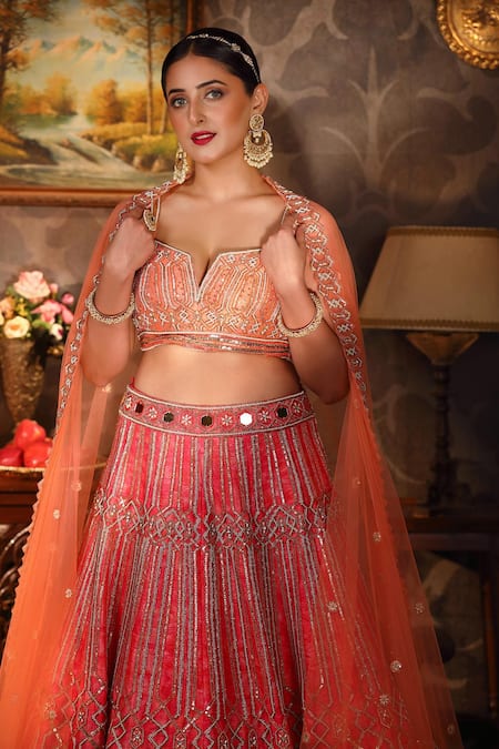 Laxmishriali_Coral Dupatta- Net, Lehenga And Blouse - Dupion Digital The Imperial Bridal Set _Online_at_Aza_Fashions