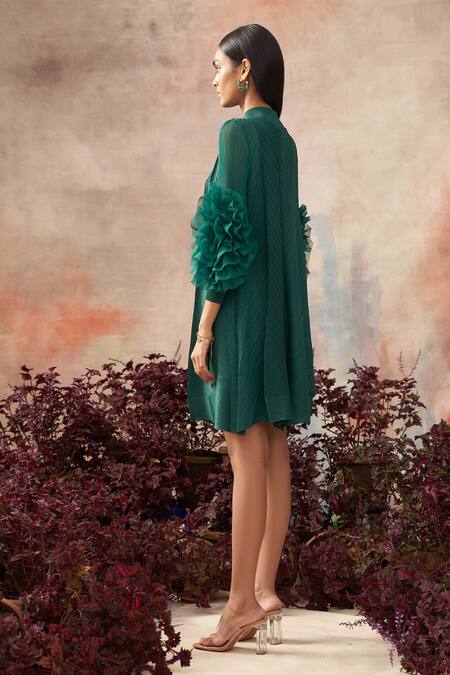 Buy_Pleats By Aruni_Green Pleated Plain Round High Neck Dress_Online_at_Aza_Fashions