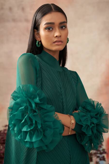 Pleats By Aruni_Green Pleated Plain Round High Neck Dress_at_Aza_Fashions