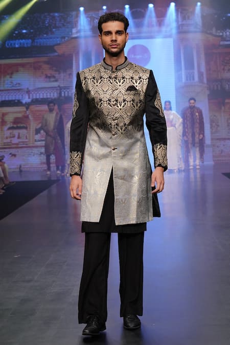 Soniya G_Black Velvet, Brocade Paisley, Zari Embroidered Sherwani And Pant Set _Online_at_Aza_Fashions