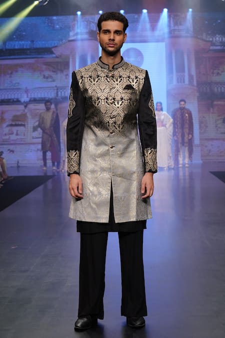 Buy_Soniya G_Black Velvet, Brocade Paisley, Zari Embroidered Sherwani And Pant Set _Online_at_Aza_Fashions