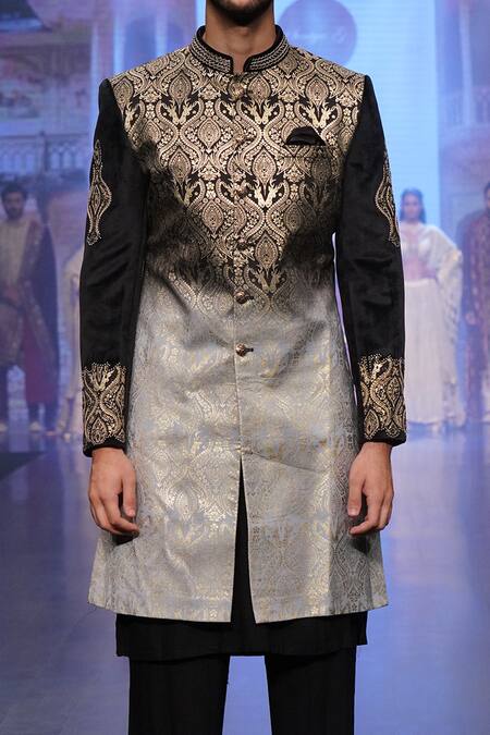 Shop_Soniya G_Black Velvet, Brocade Paisley, Zari Embroidered Sherwani And Pant Set _Online_at_Aza_Fashions
