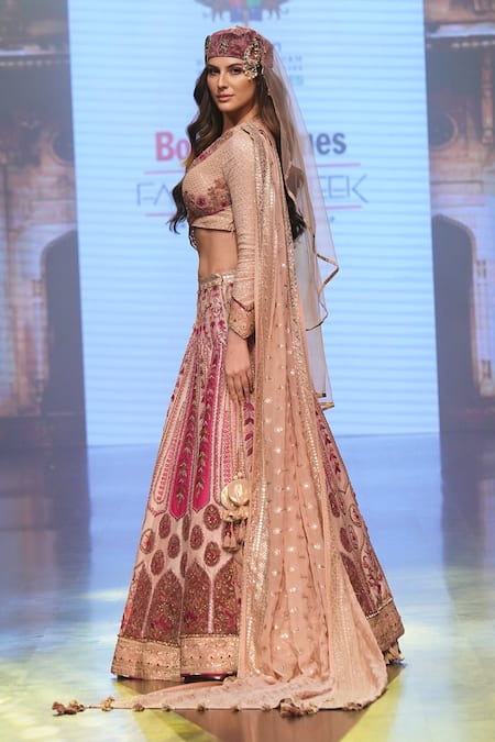 Shop_Soniya G_Multi Color Pure Silk Blend Floral V Neck Embroidered Bridal Lehenga Set _at_Aza_Fashions
