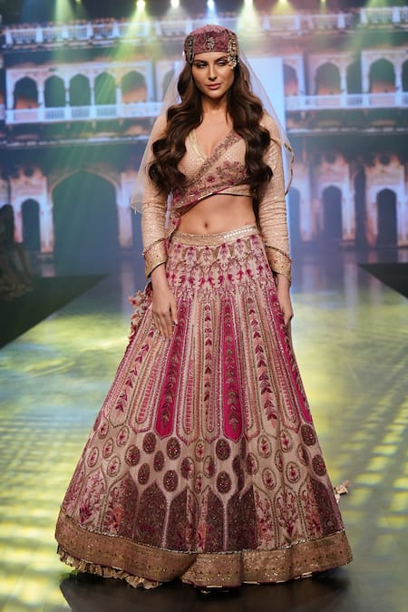 Soniya G_Multi Color Pure Silk Blend Floral V Neck Embroidered Bridal Lehenga Set _at_Aza_Fashions