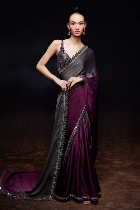 Sawan Gandhi Satin Embelished Saree With Blouse 