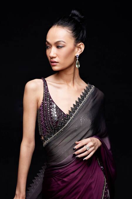 Shop Sawan Gandhi Grey Satin Embellished Sequin Saree With Blouse at Aza Fashions Shop_Sawan Gandhi_Grey Satin Embellished Sequin Saree With Blouse_at_Aza_Fashions